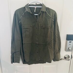 Free People Shirt XS | Army Green Tencel Button-Up Metallic Trim Utility Top